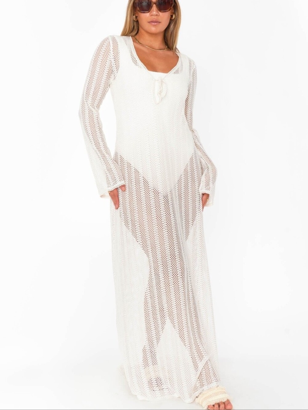 Show Me Your Mumu Maxi Crochet Vacay Maxi White Dress Cover Up Long Sleeves XS M